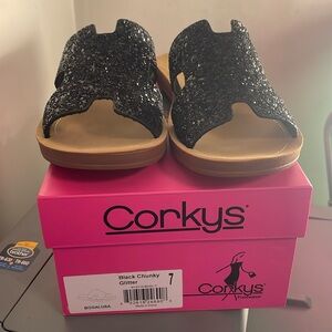 Corkys, black chunky glitter slides